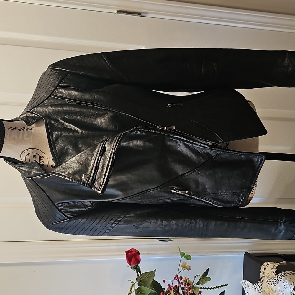 "Real Leather" Cropped, Lined Moto Leather Jacket, Women's Size L - Picture 13 of 16